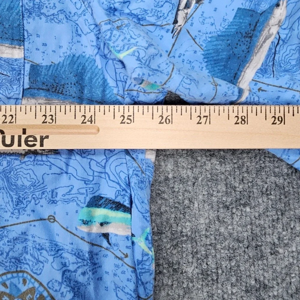 Vintage 2005 Columbia Nautical Map Fish‎ Print Shirt Men's XXL Blue Viscose Y2K